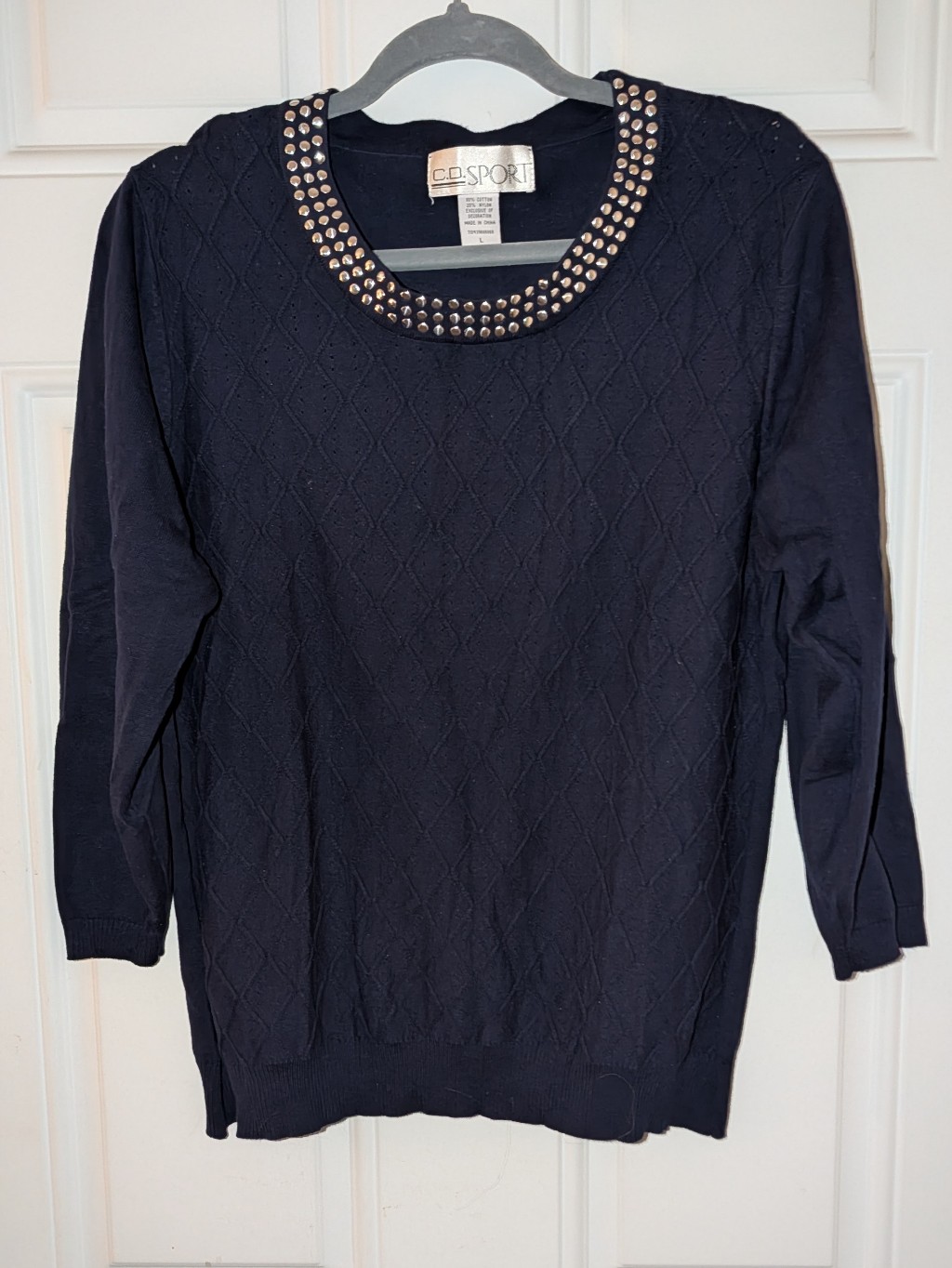 Cathy Daniels C.D. Sport Diamond Texture Embellished Sweater Small Blue Euc